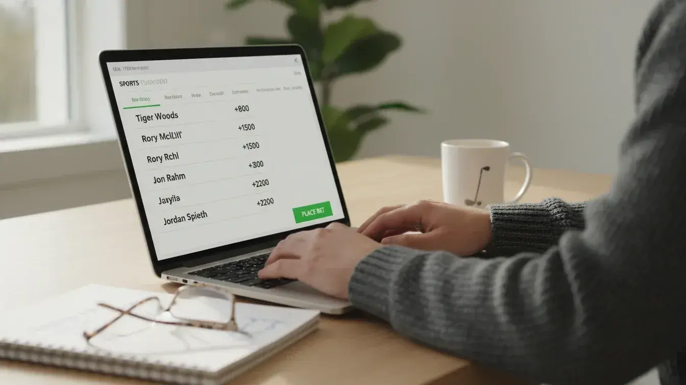 Sports bettor reviewing golf tournament odds on laptop screen