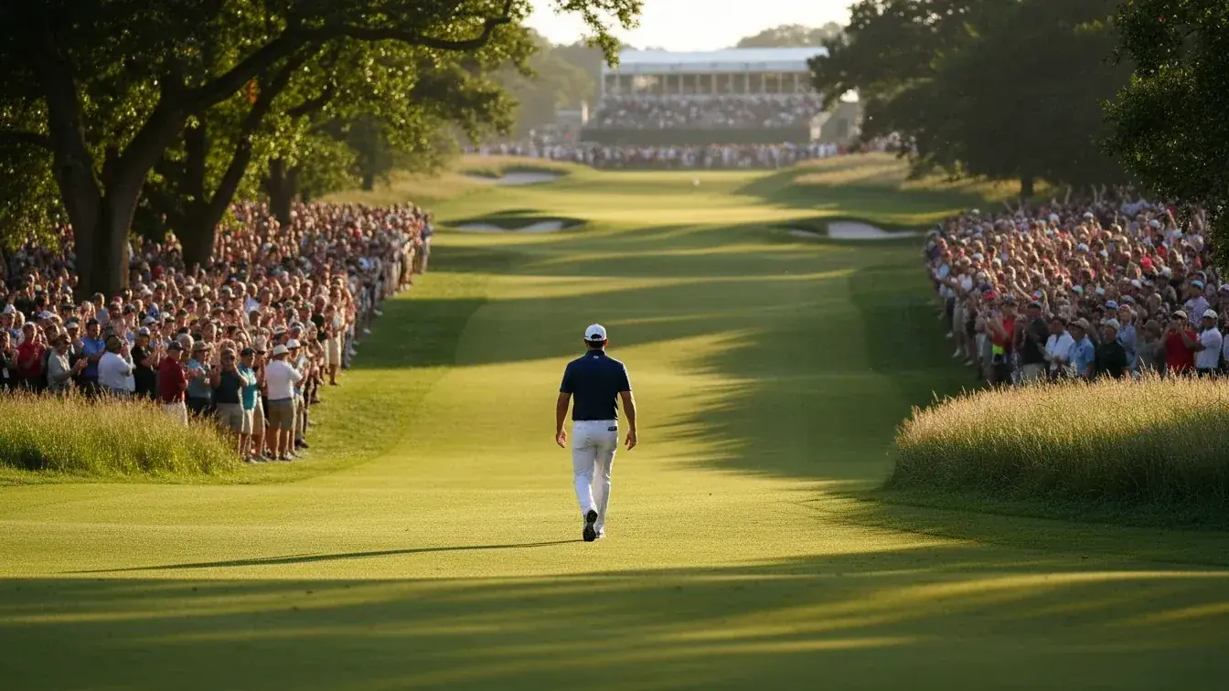 Professional golfer walking down fairway on championship Sunday