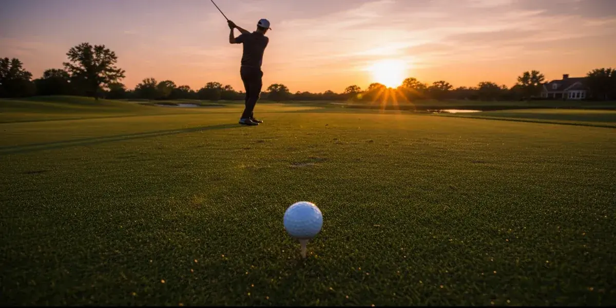 Professional golfer taking a swing on a scenic golf course at sunset