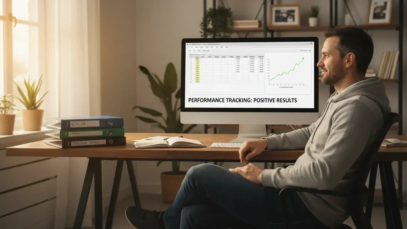 Successful bettor reviewing annual performance records and charts