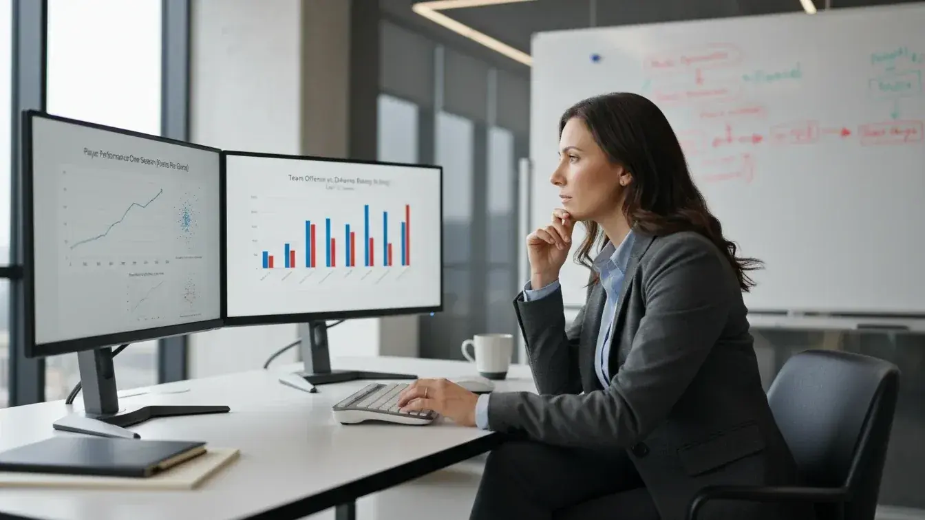 Data scientist working on sports prediction model with charts