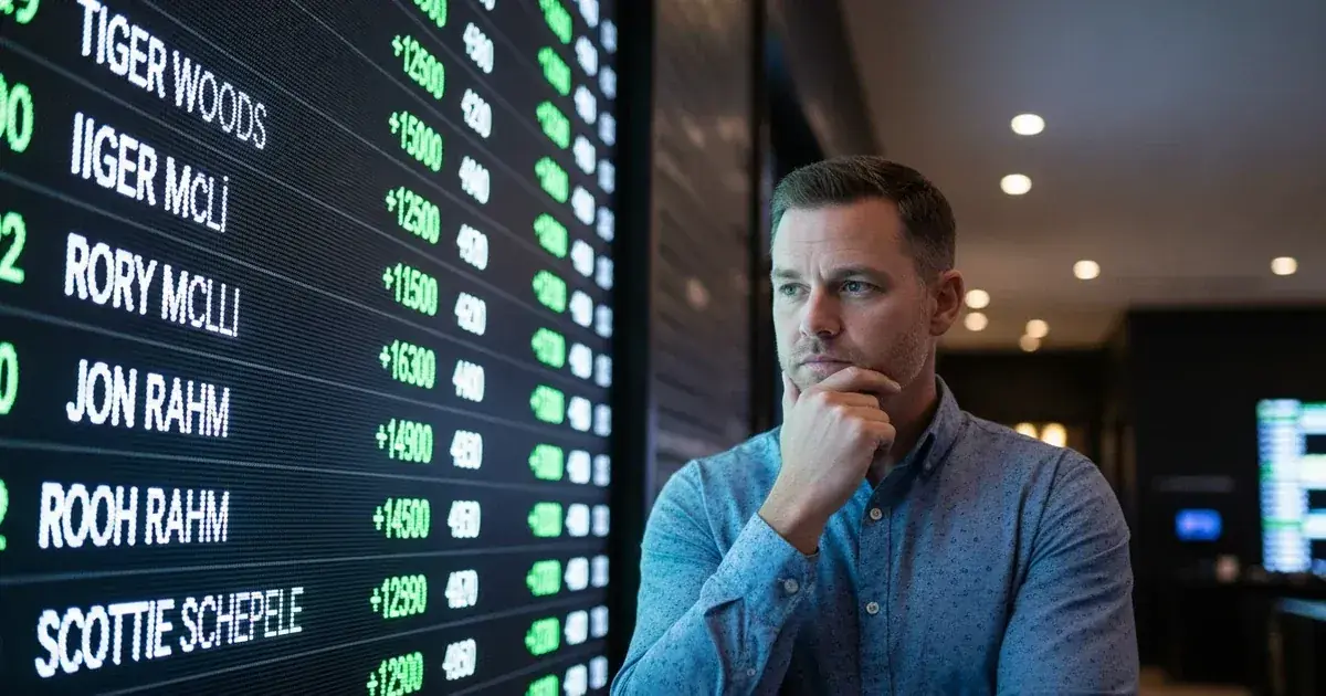 Golfer analyzing betting lines on sportsbook display board
