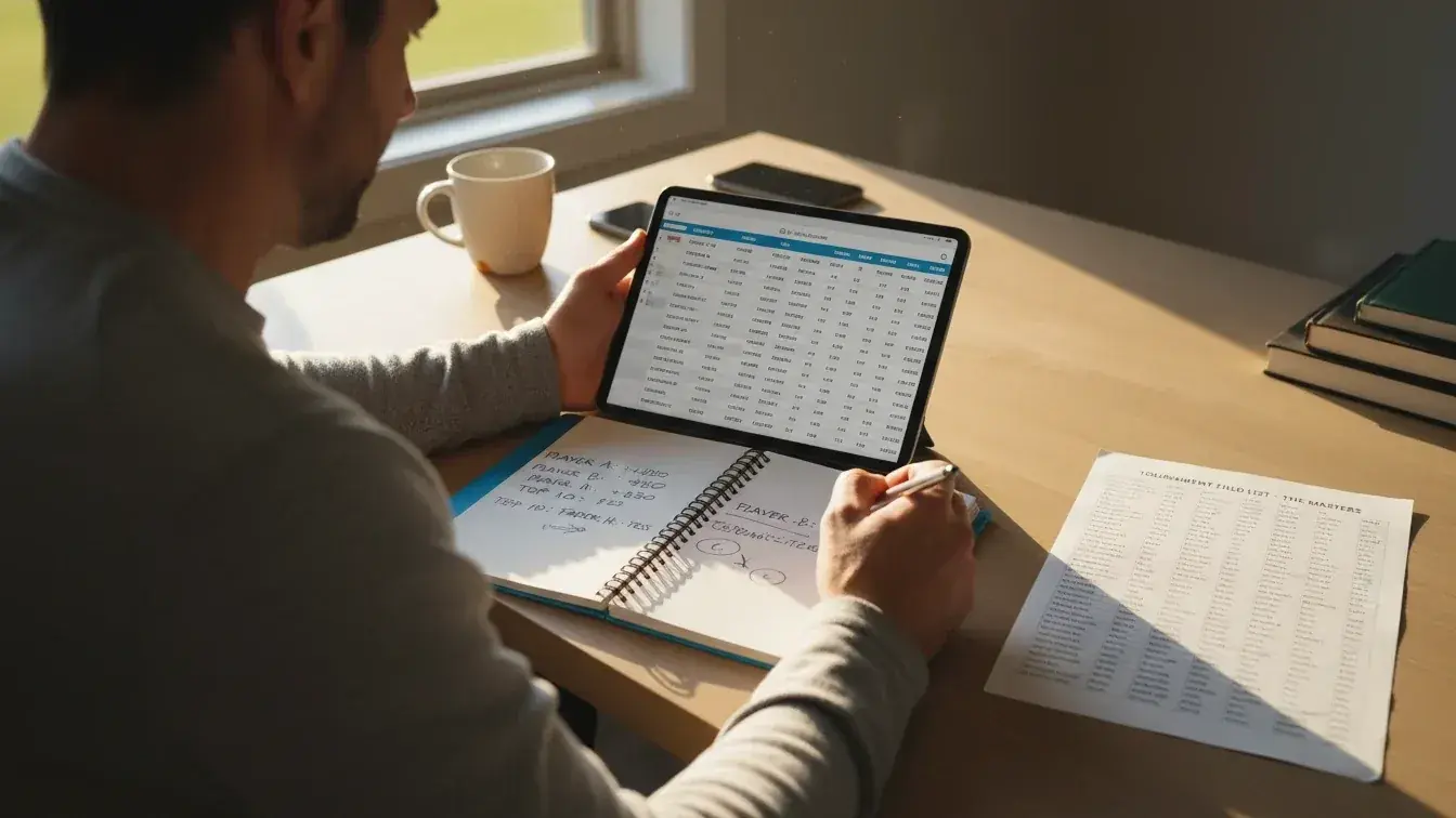 Bettor strategically planning golf wagers with notebook and statistics