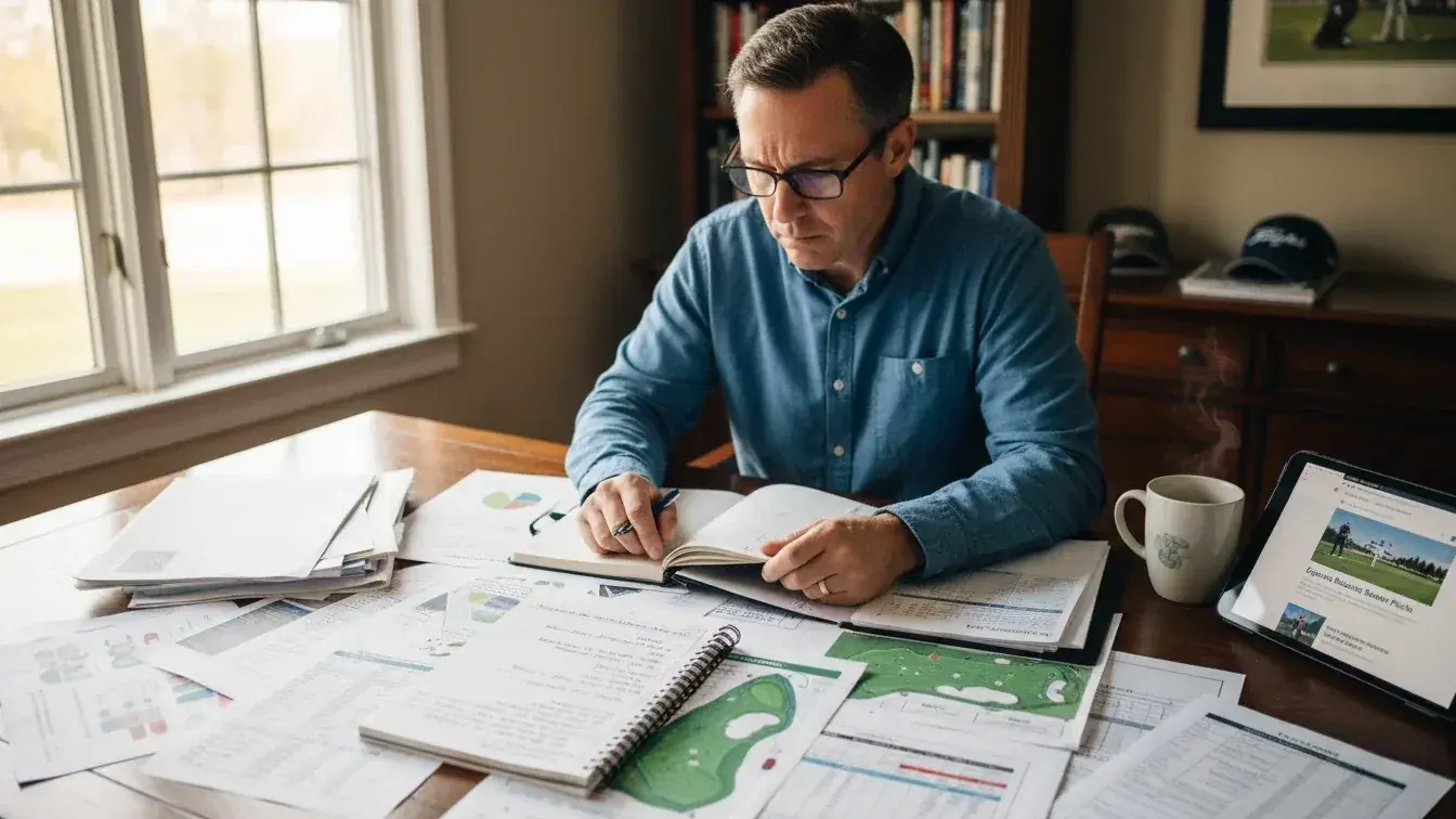 Thoughtful bettor reviewing major championship analysis notes