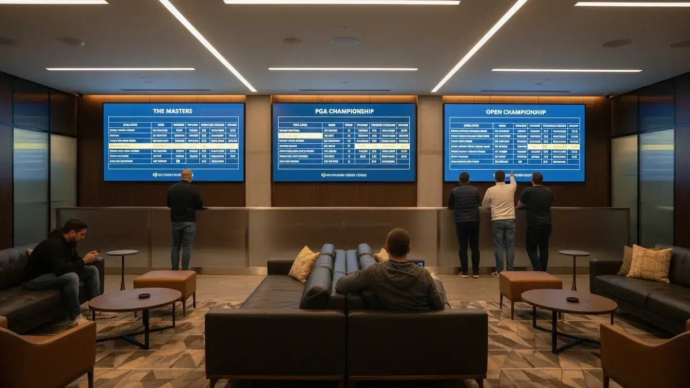 Sportsbook display showing major championship betting markets