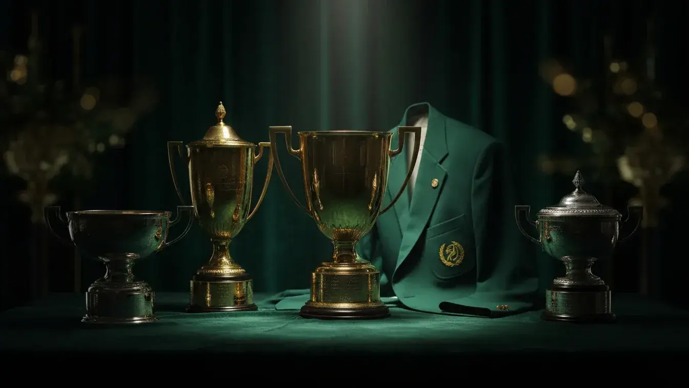 Golf major championship trophies representing prestigious tournament betting opportunities