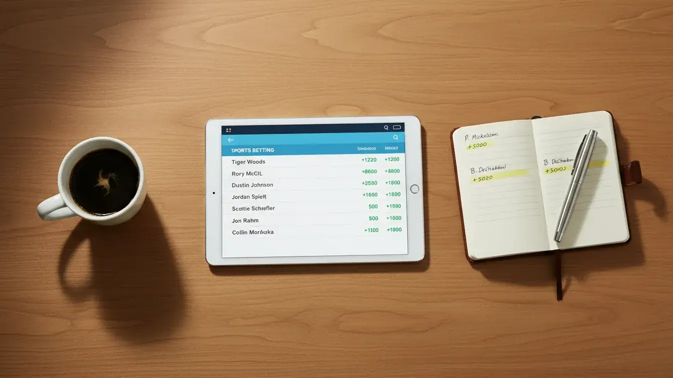 Professional workspace with tablet showing golf betting odds and analysis notes