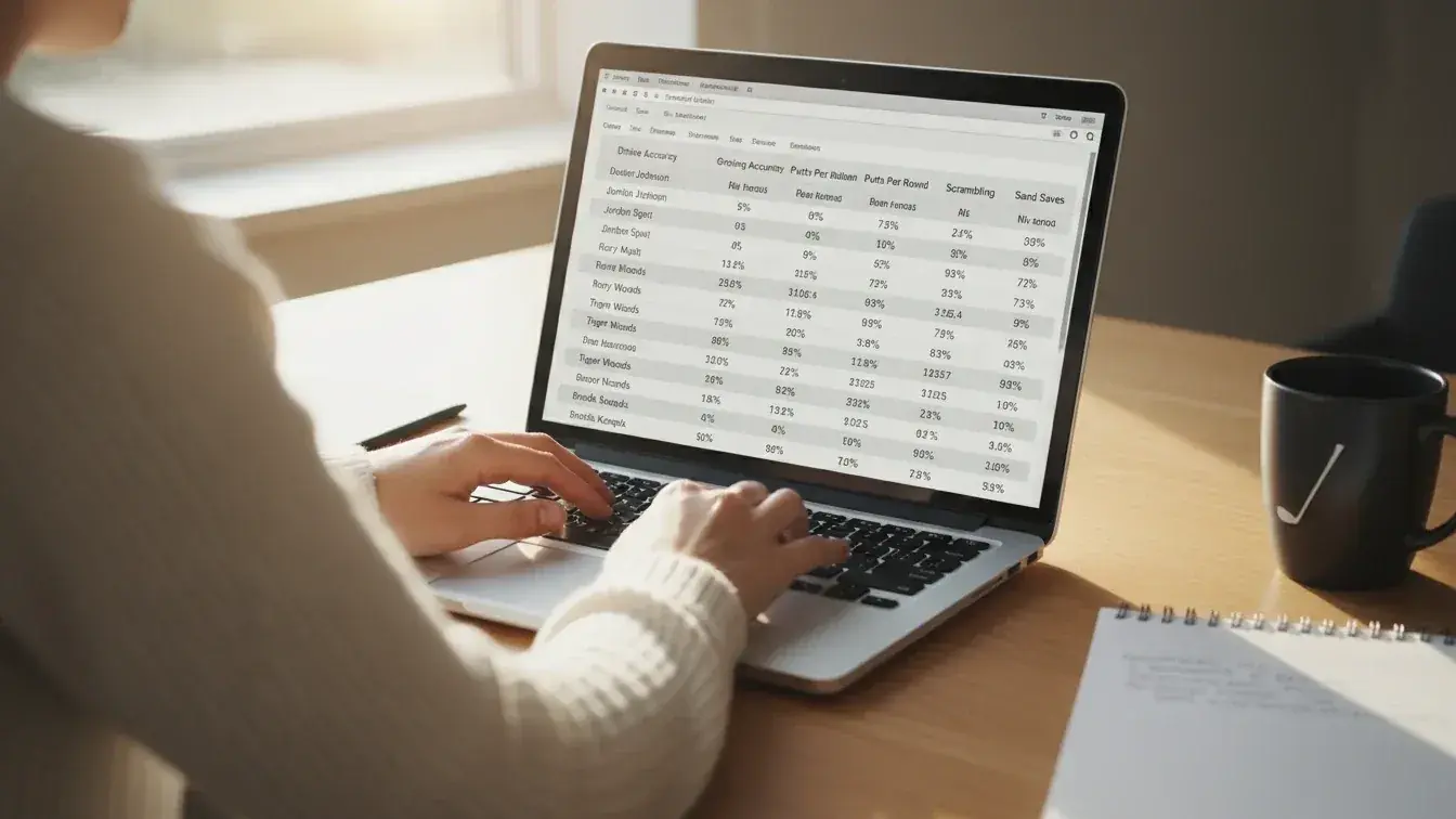 Sports analyst reviewing golf performance statistics on laptop