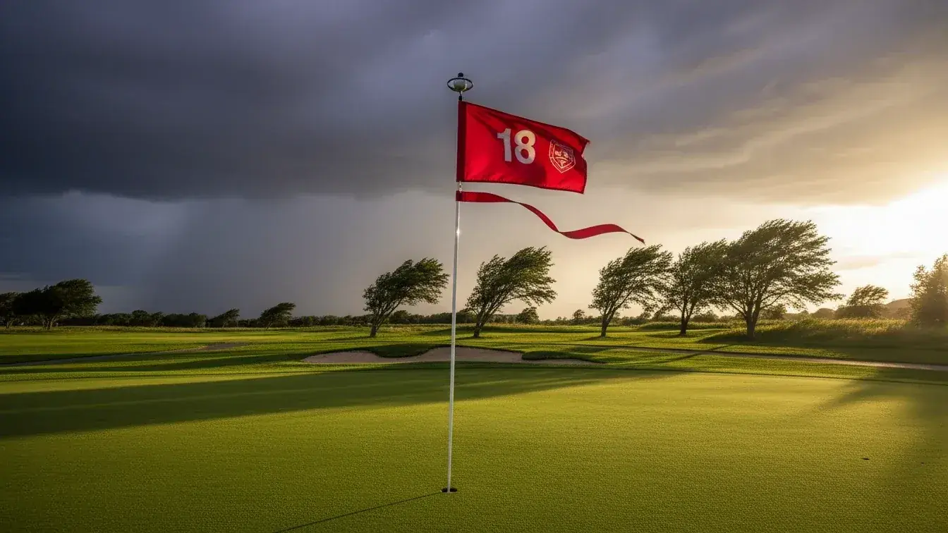 Golf course with dramatic weather conditions and flag blowing in wind