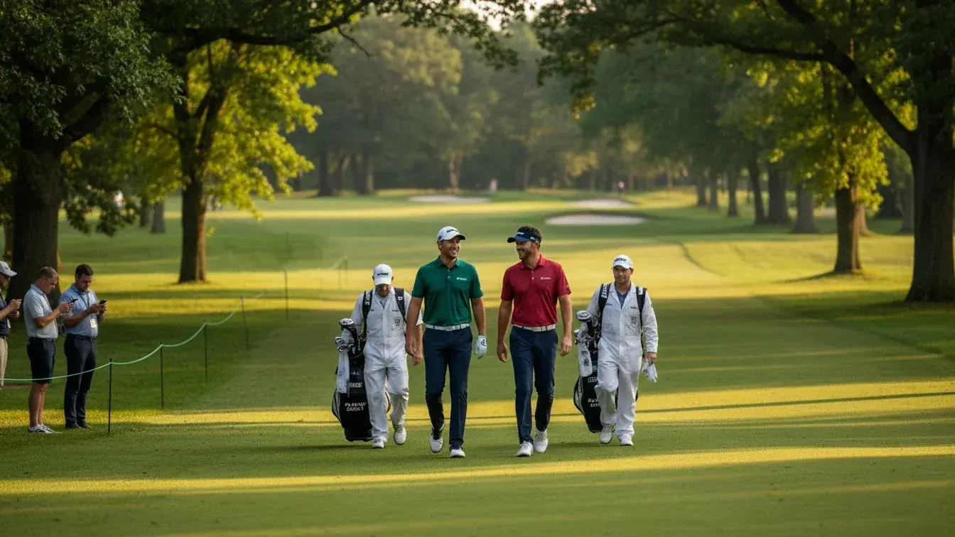 Two professional golfers competing side by side on fairway