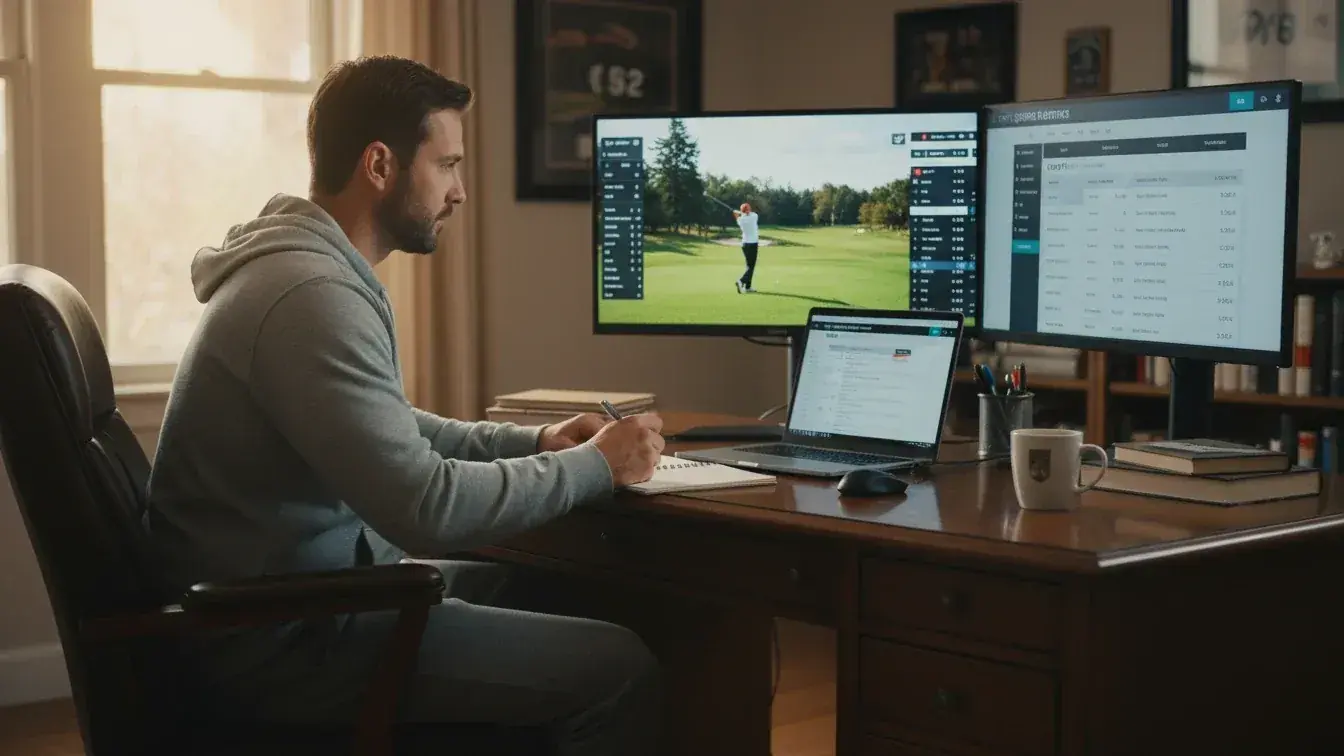 Focused bettor managing multiple screens during live golf tournament