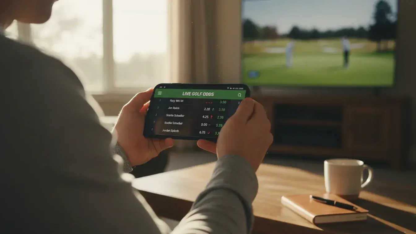 Sports bettor watching live golf odds changing on mobile device