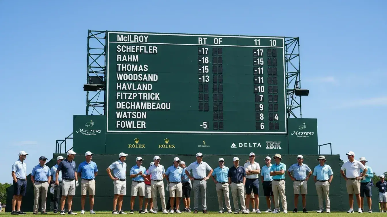 Tournament leaderboard with top ten positions highlighted