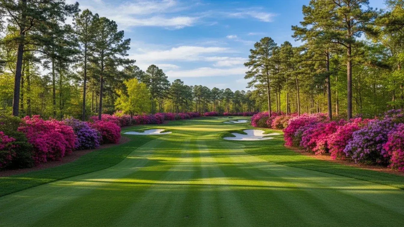 Iconic Augusta National Golf Club with azaleas and pristine fairways