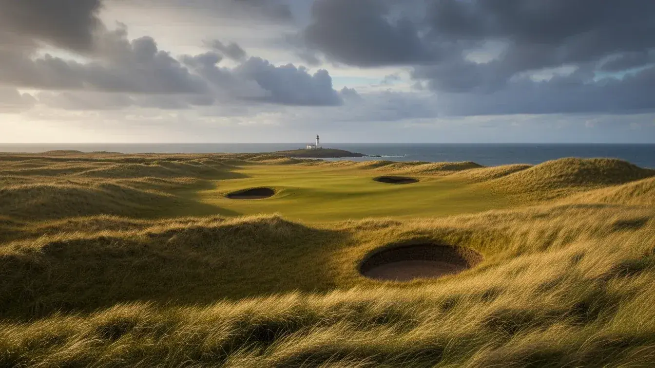 Classic British links golf course with dramatic coastal scenery