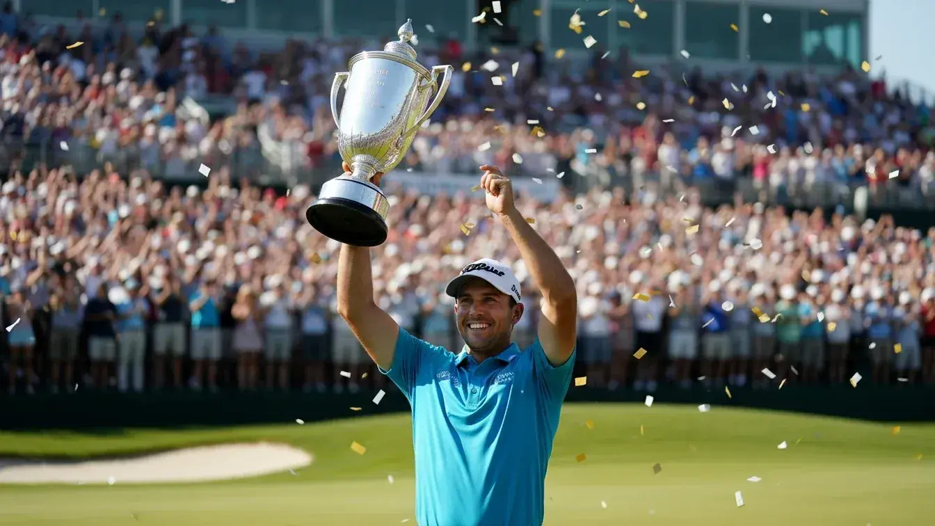 Golfer celebrating tournament victory with trophy