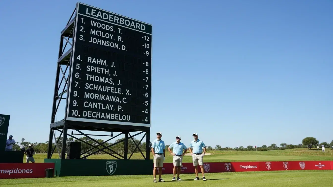 Golf leaderboard showing top ten player positions and scores